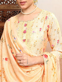 Vishudh Orange Printed Thread Work Pure Cotton Straight Kurta WithTrousers & Dupatta