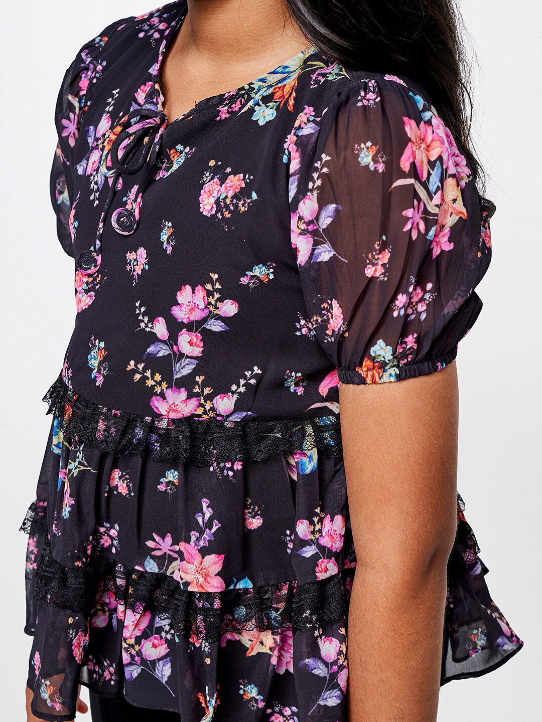 AND Girls Floral Printed Puff Sleeve Tiered Top
