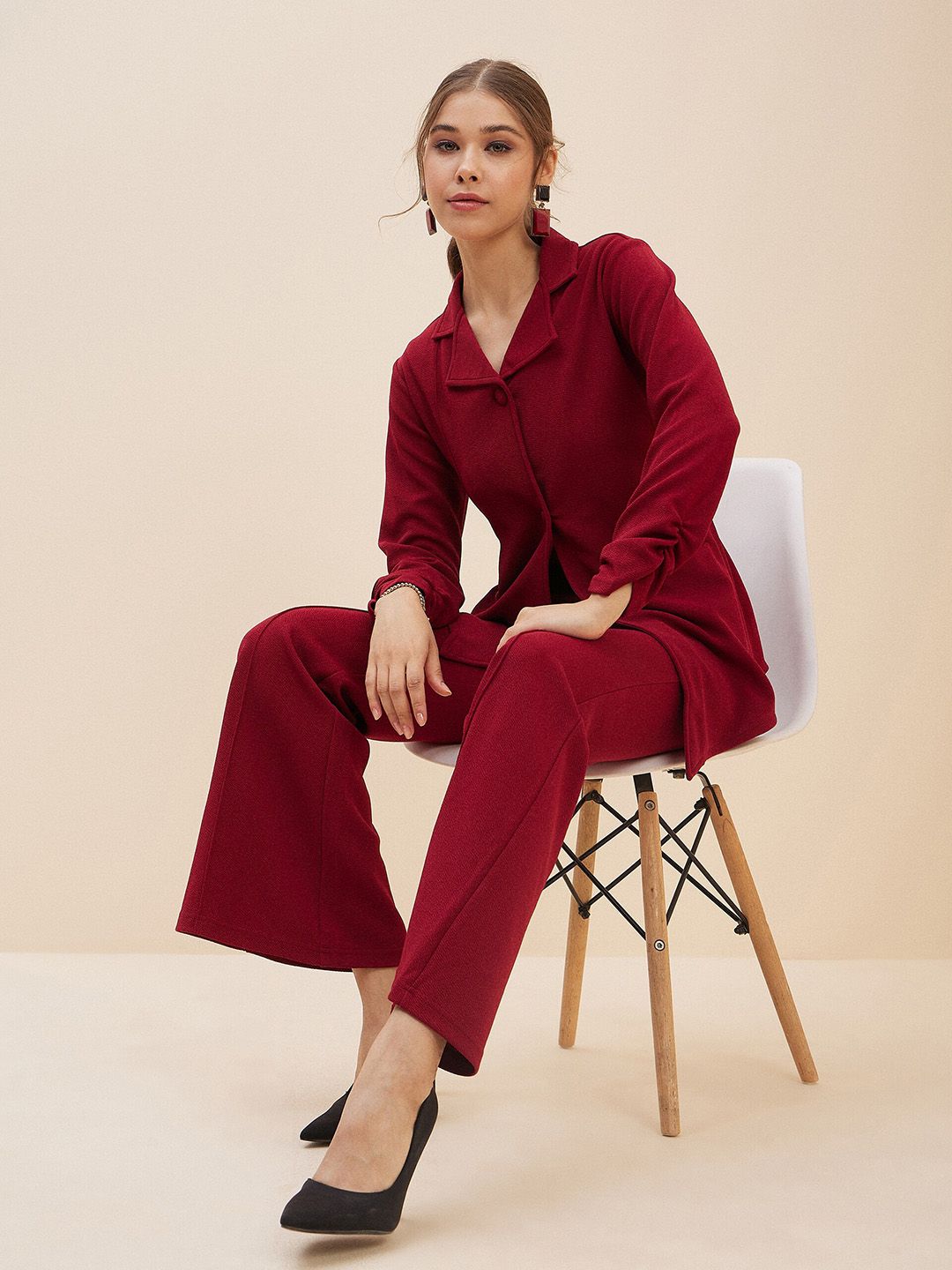Antheaa Red Lapel-Collar Shirt & Flared Trousers