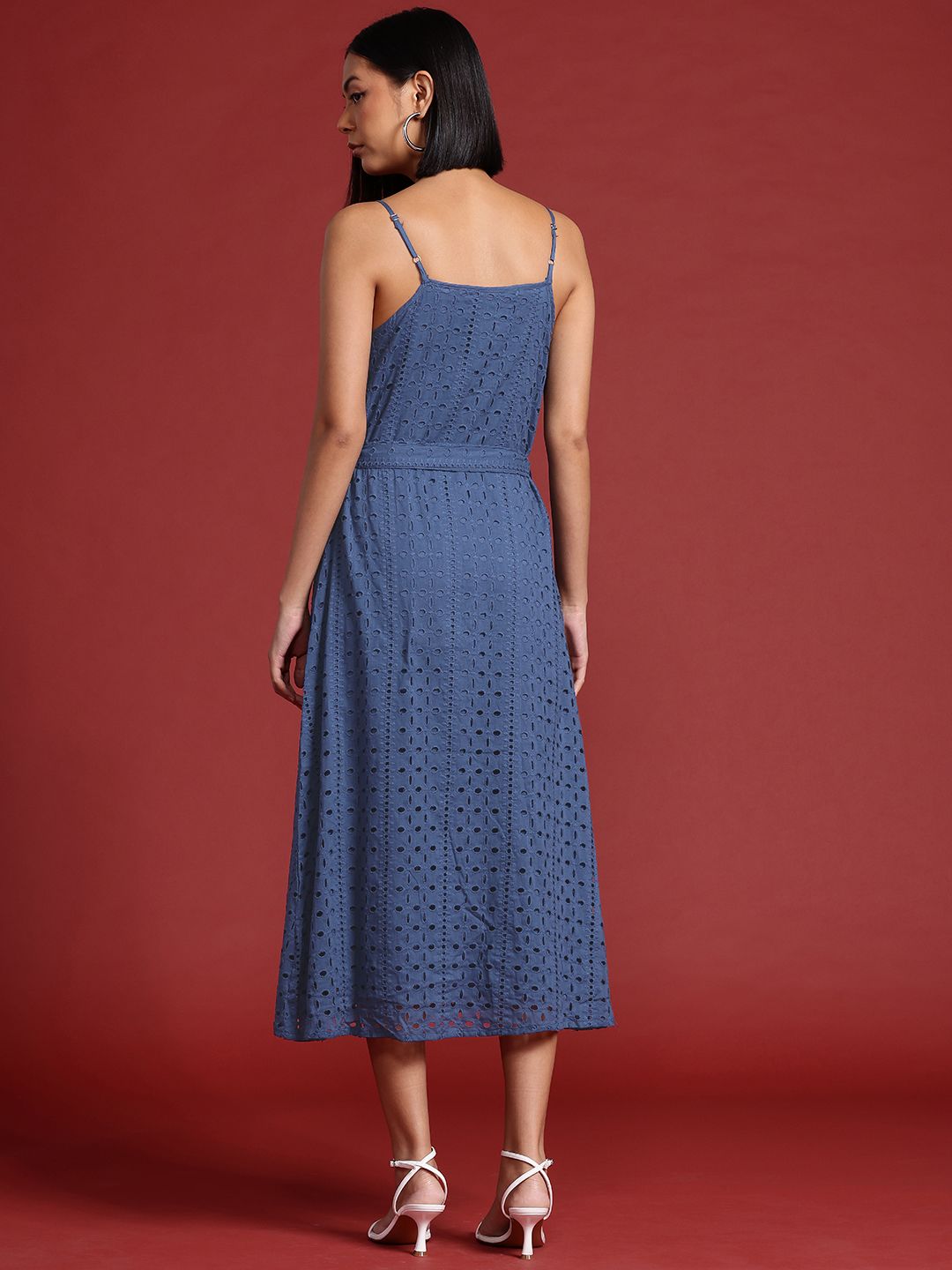 all about you Schiffli Cotton A-Line Midi Dress with Belt