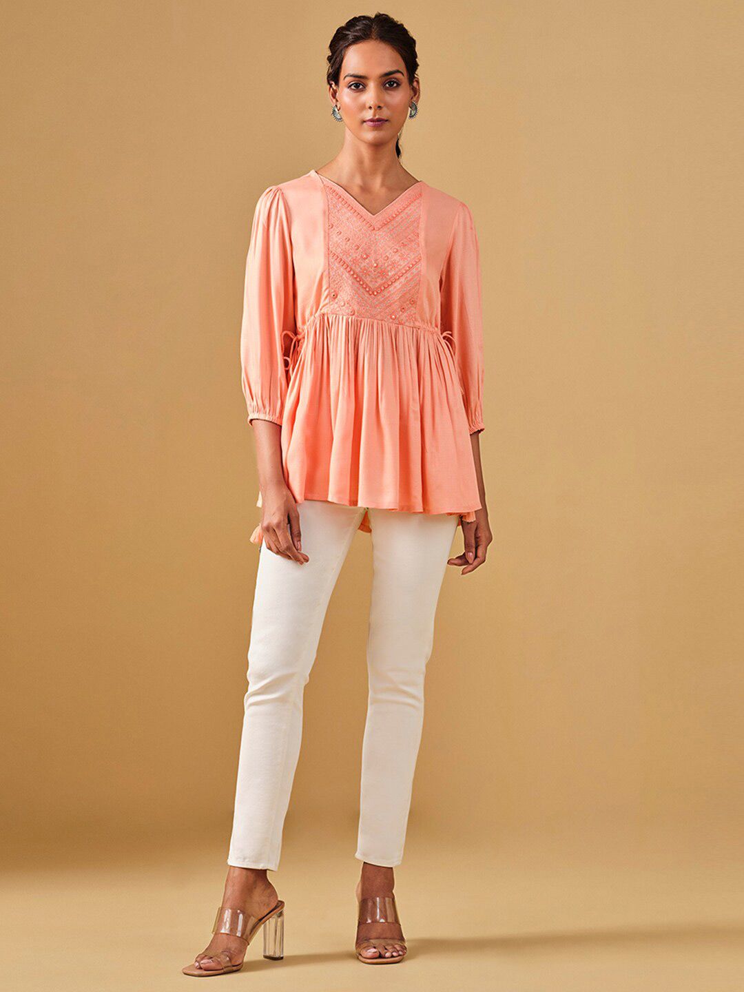 Global Desi Embroidered Puff Sleeves Gathered Top