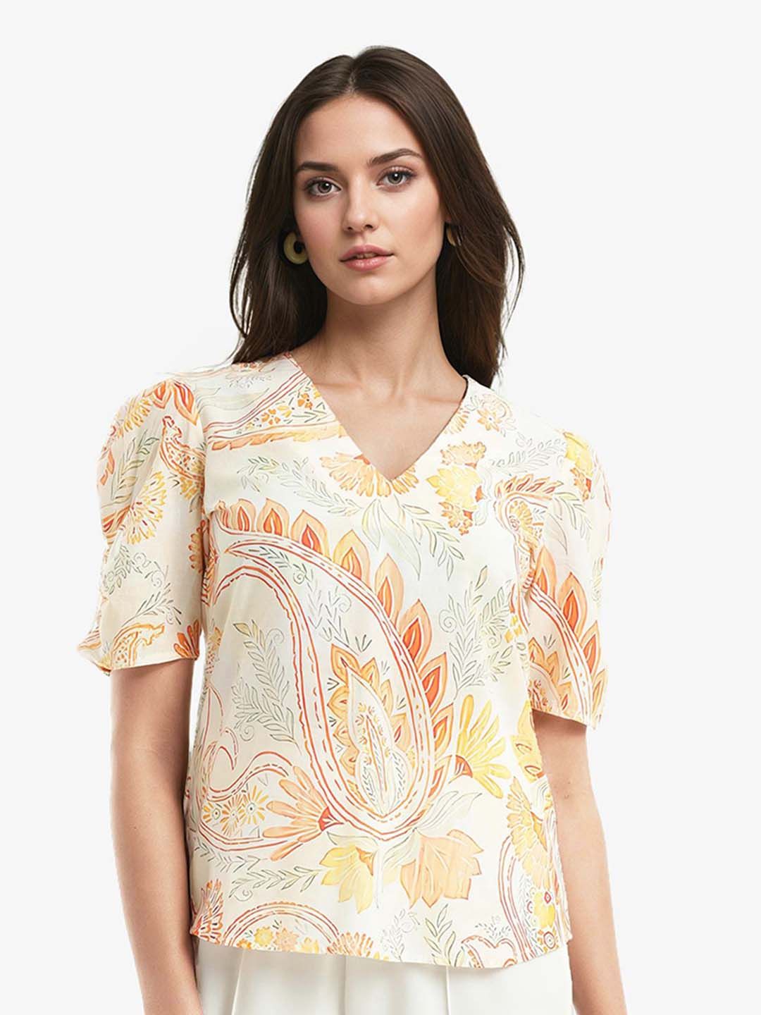RAREISM Floral Printed Vigeveno Light V-Neck Puff Sleeves Cotton Top