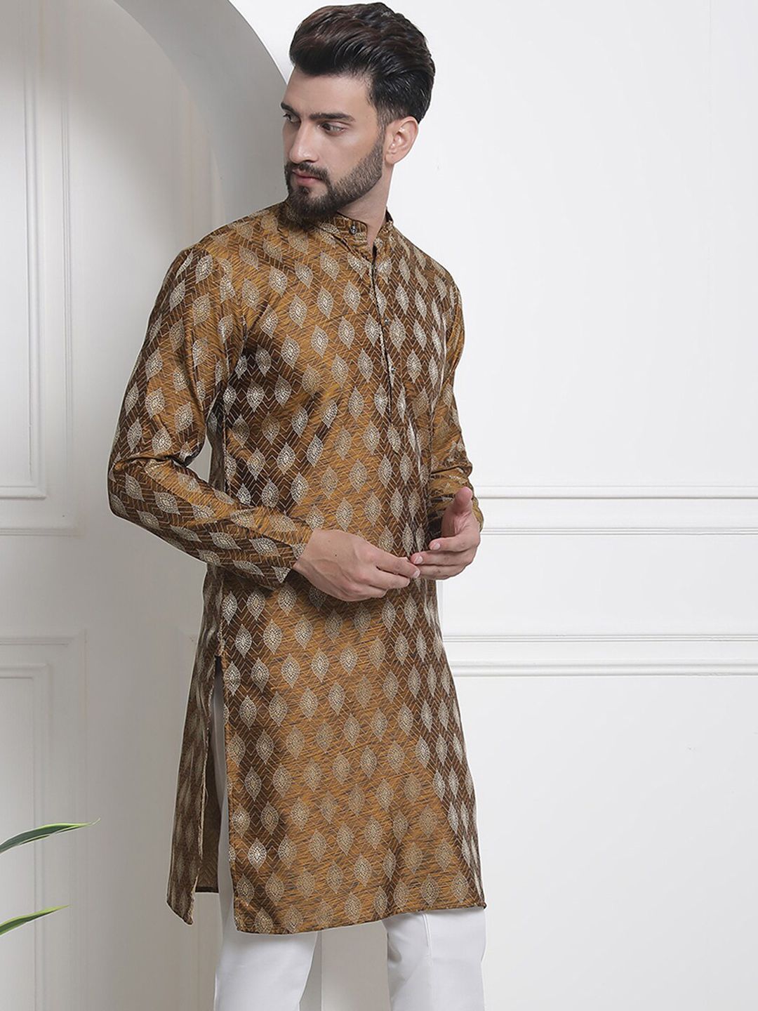 SOJANYA Kurta Lurus Kolar Mandarin Rekaan Tenun Etnik