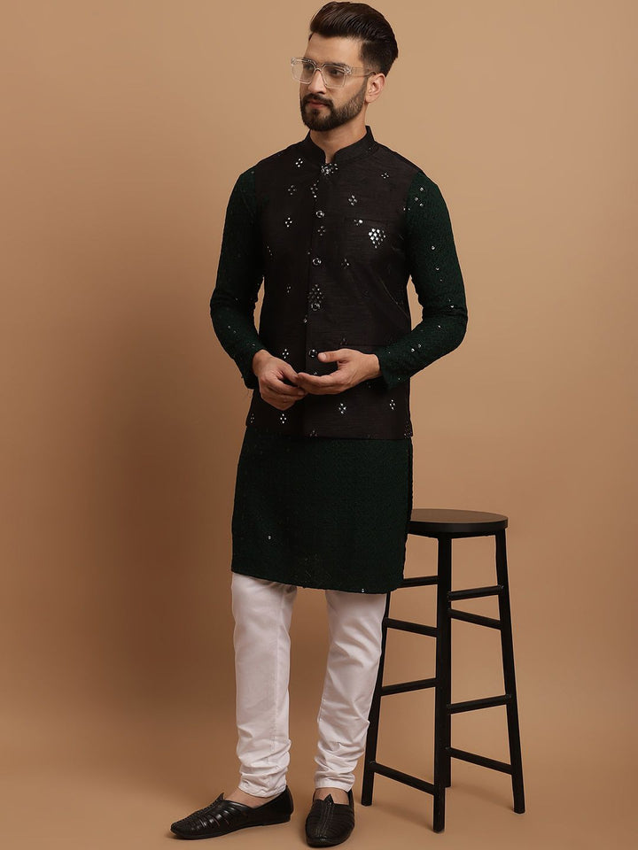 SOJANYA Ethnic Embroidered Sequinned Pure Cotton Kurta & Churidar With Nehru Jacket