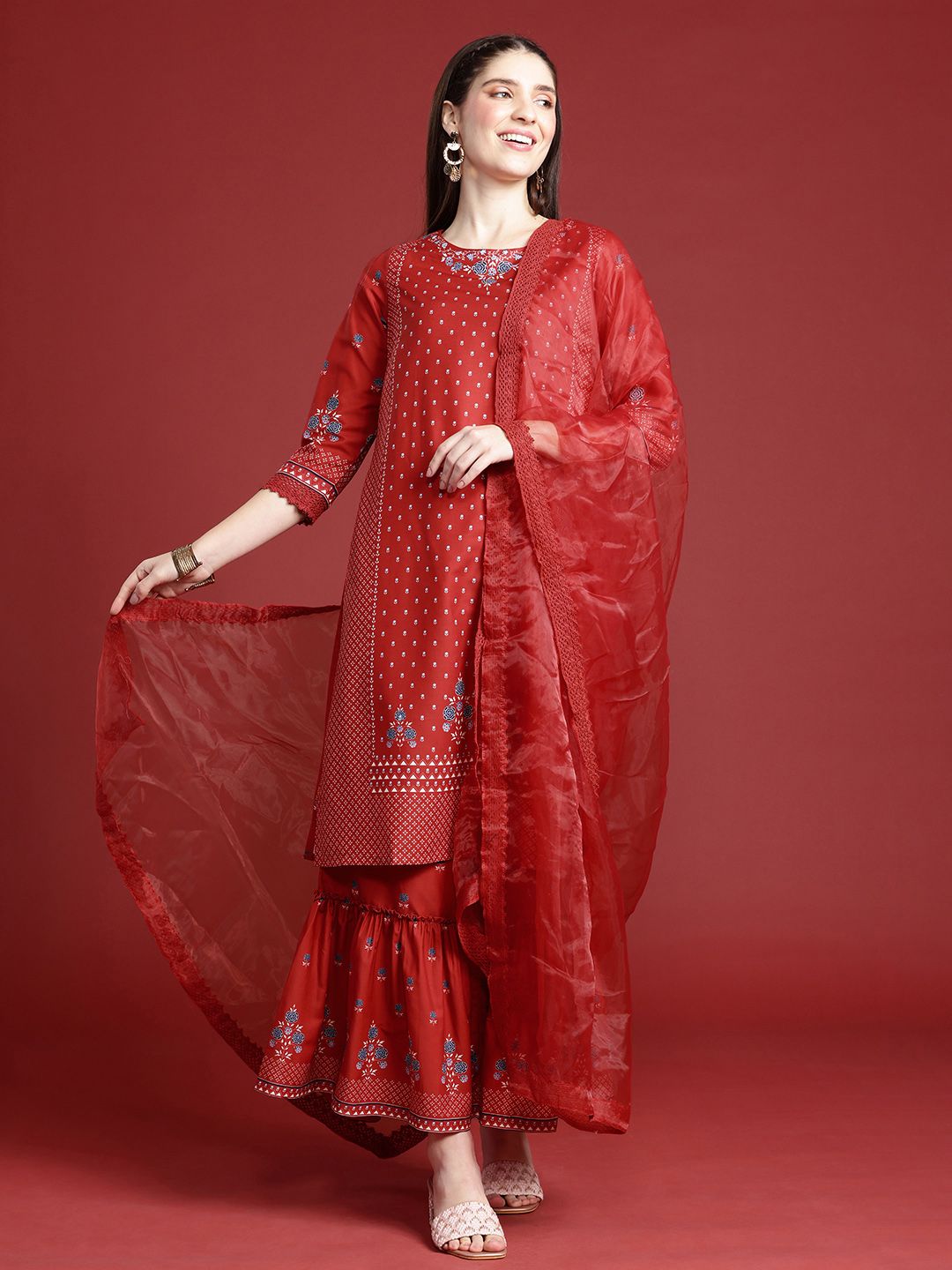 Anouk Ethnic Motifs Printed Kurta with Sharara & With Dupatta