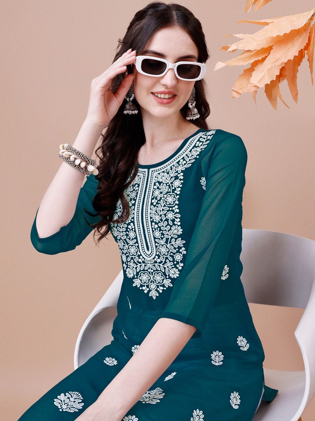 KALINI Floral Embroidered Chikankari Shadow Work Georgette Straight Kurta