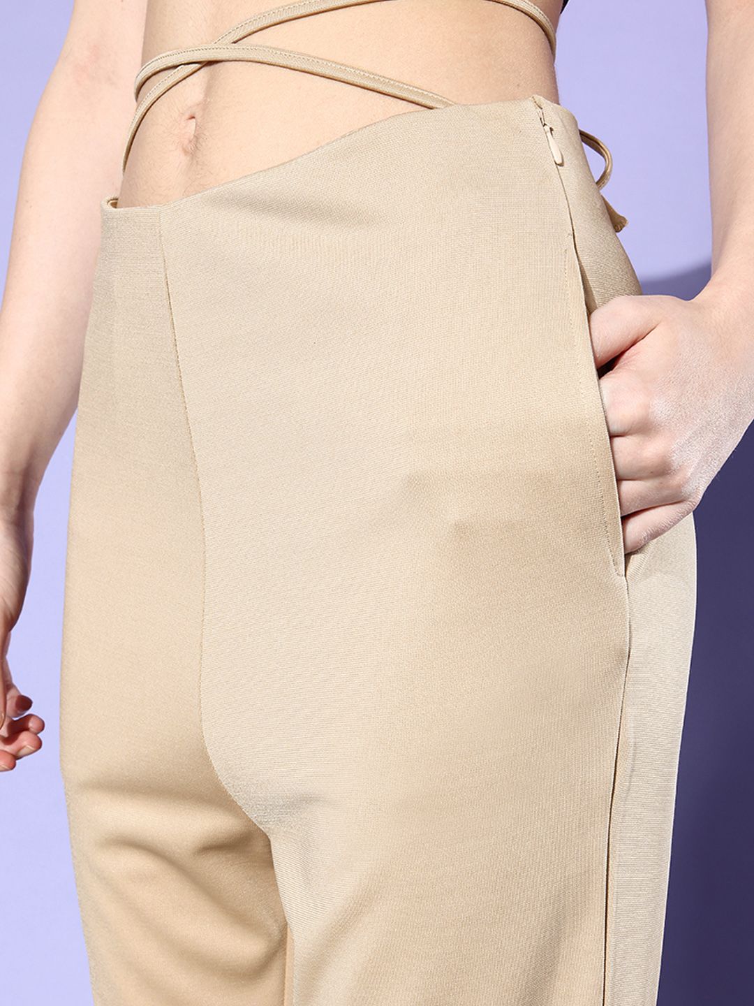 Dressberry Women Earthy Beige Waist Tie-Up Detail Hardware Trousers
