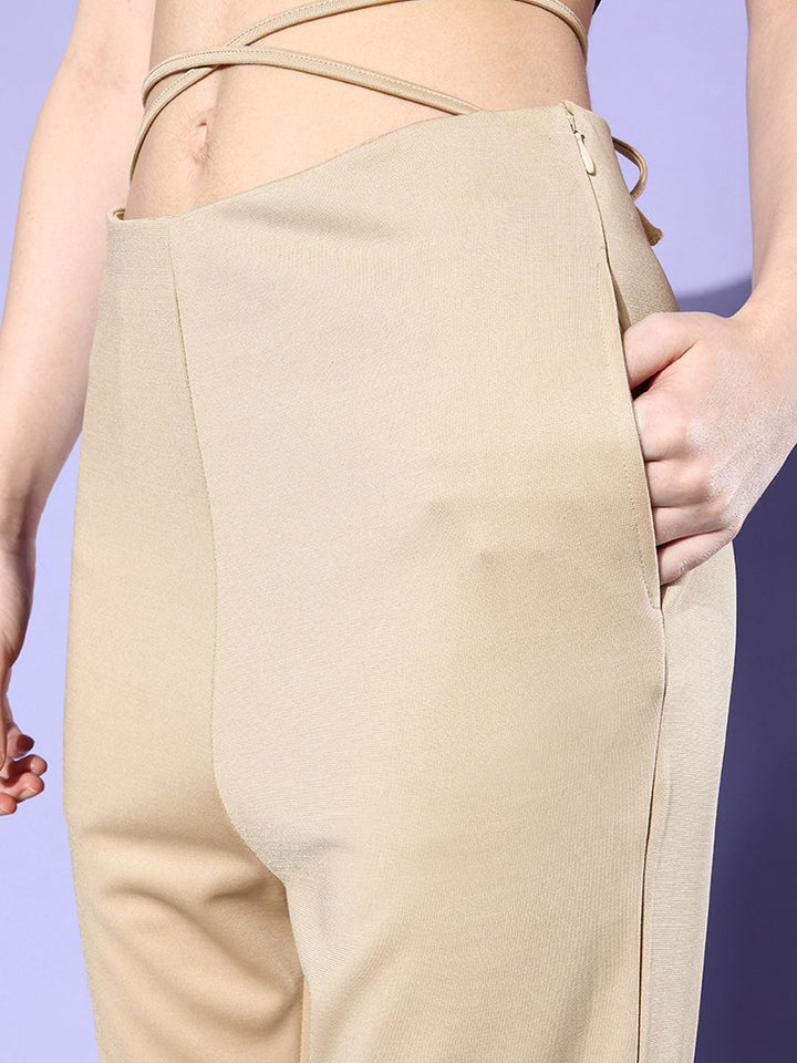 Dressberry Women Earthy Beige Waist Tie-Up Detail Hardware Trousers