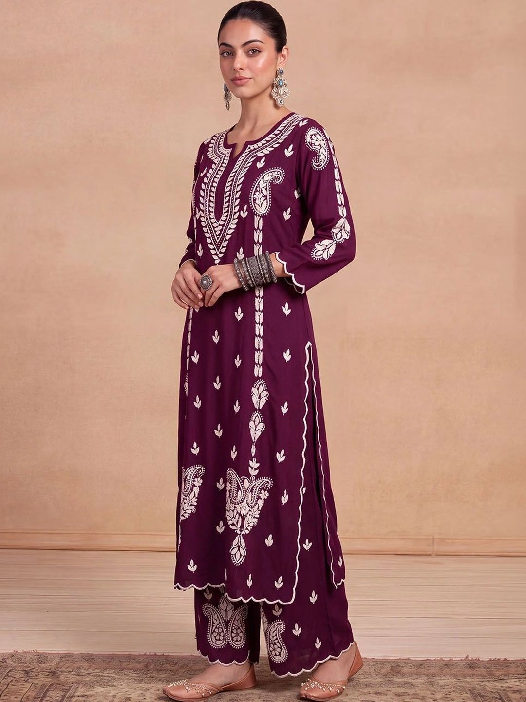 House of Chikankari Women Ethnic Motifs Embroidered Regular Thread Work Kurta with Palazzos