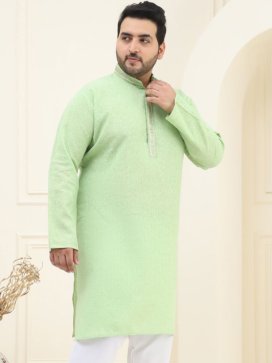 SOJANYA PLUS Size Men Green Solid Pastels Pure Cotton Kurta