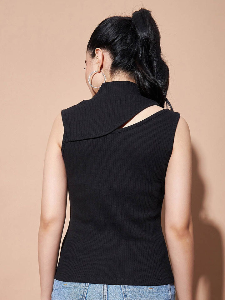 SASSAFRAS BASICS Ribbed Turtle Neck Sleeveless Cut Outs Cotton Fitted Top