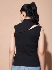 SASSAFRAS BASICS Ribbed Turtle Neck Sleeveless Cut Outs Cotton Fitted Top