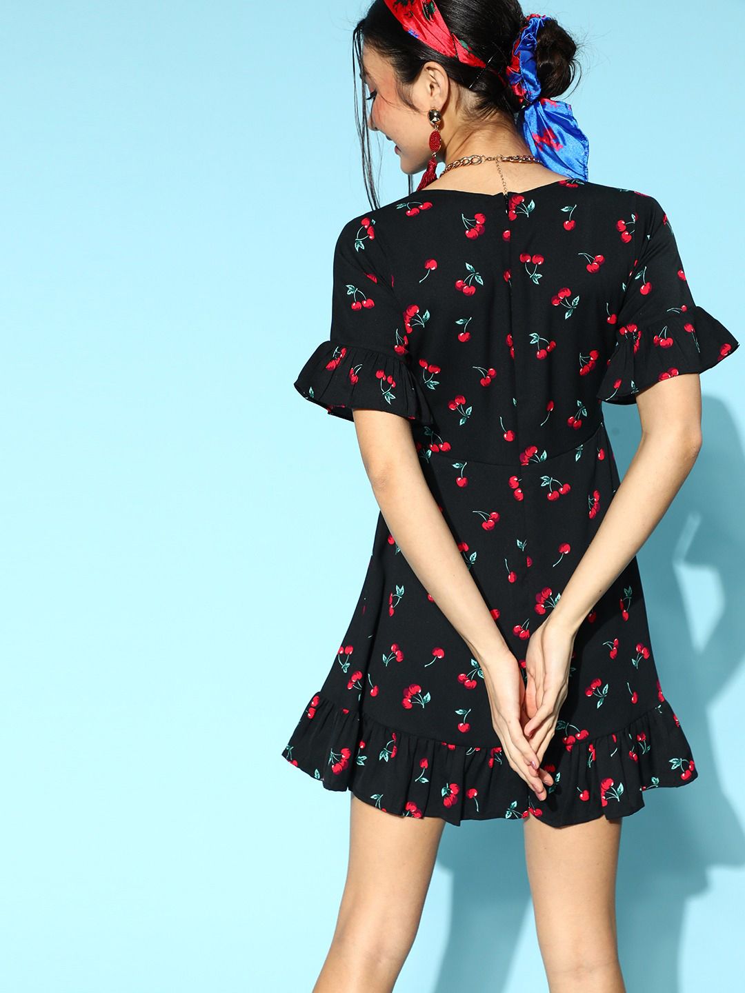 Berrylush Black & Red Printed Crepe Wrap Dress