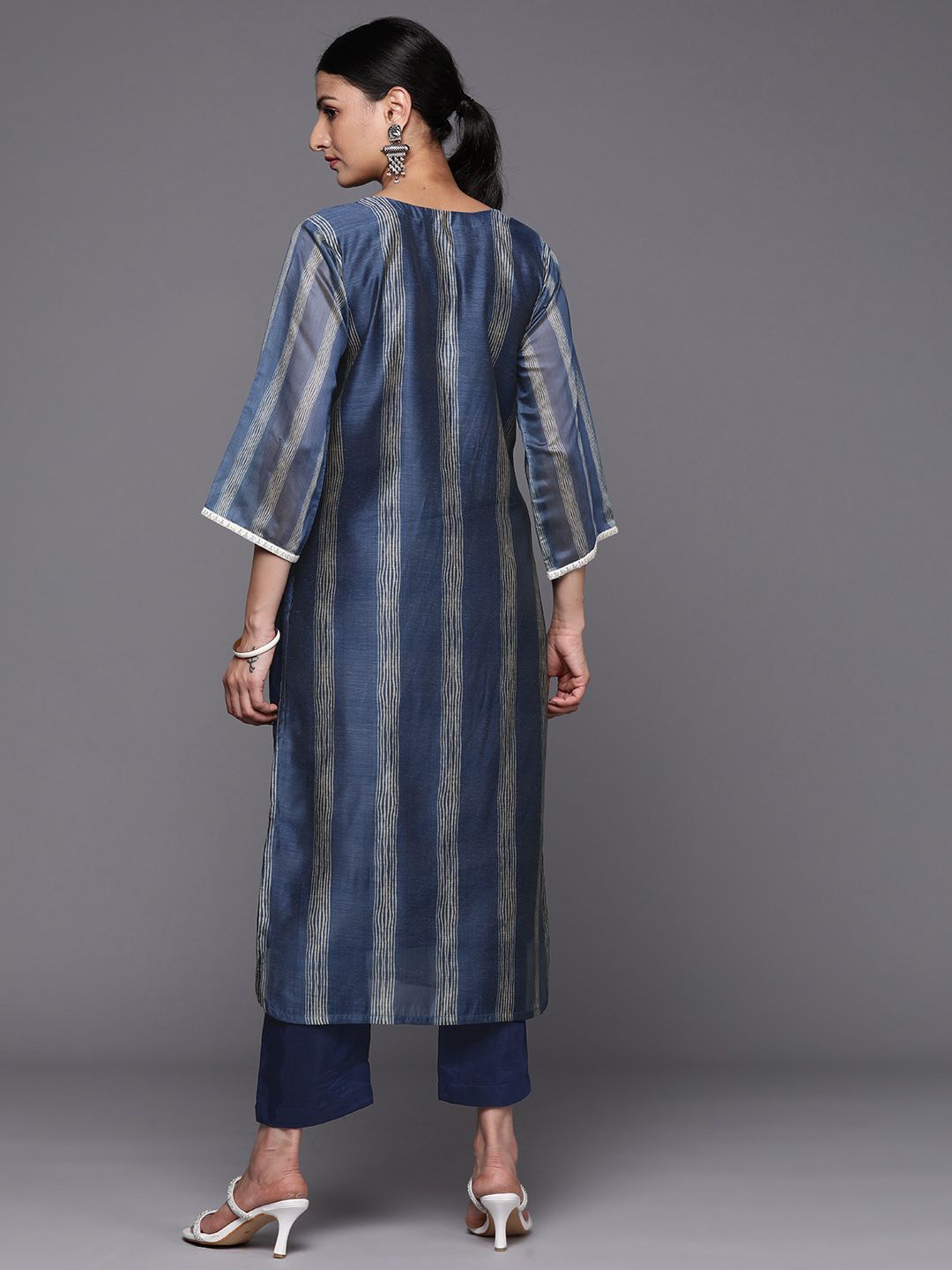 Varanga Women Navy Blue Printed Sequinned Chanderi Silk Kurta with Trousers