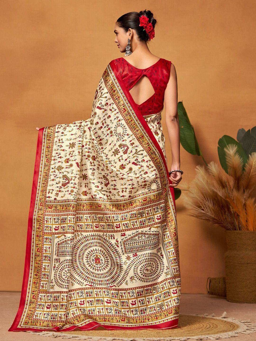 KALINI Warli Art Silk Block Print Saree