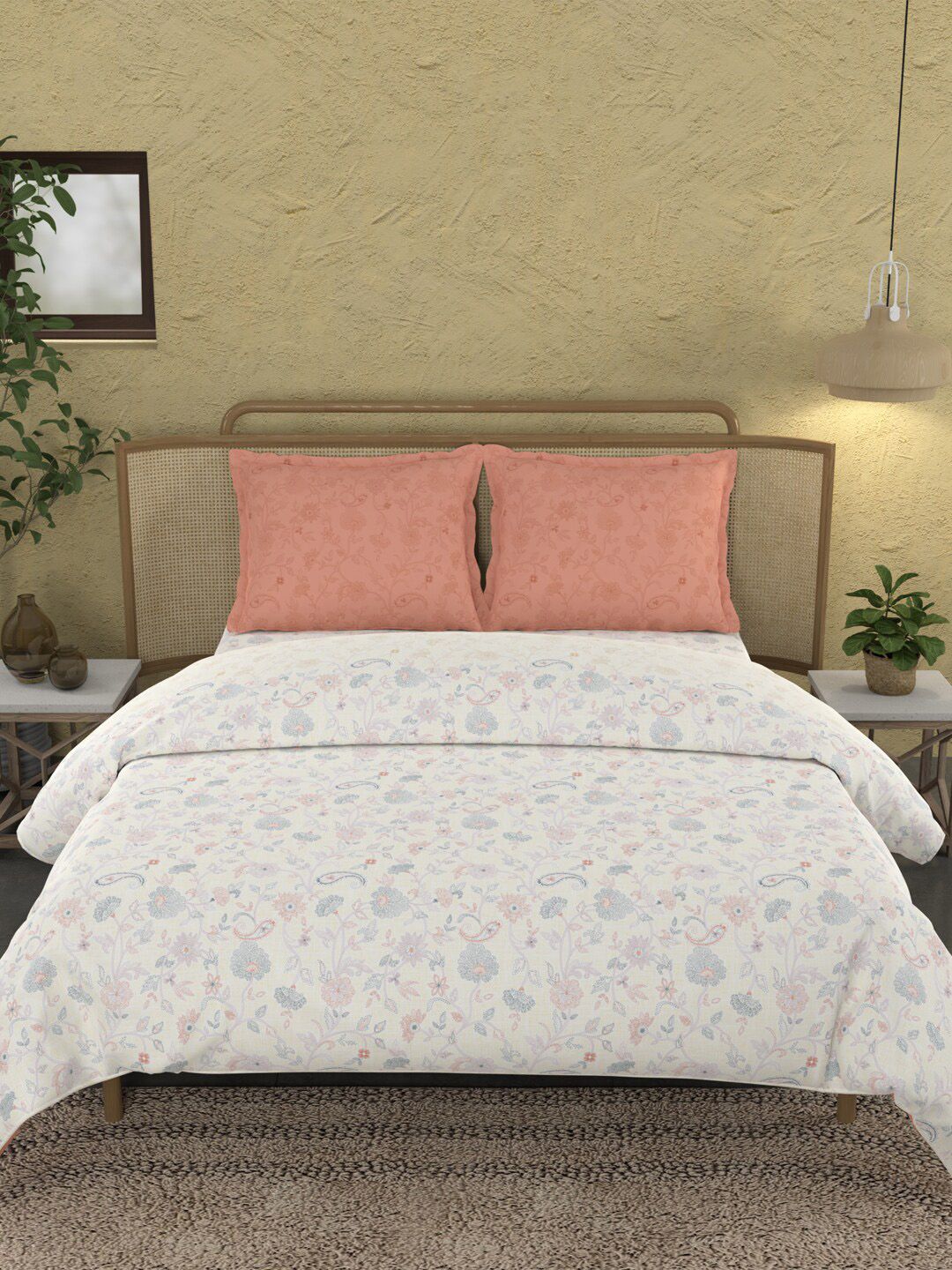 TRIDENT Kantha Peach Sanskriti Flat 144TC King Cotton Bedsheet Set