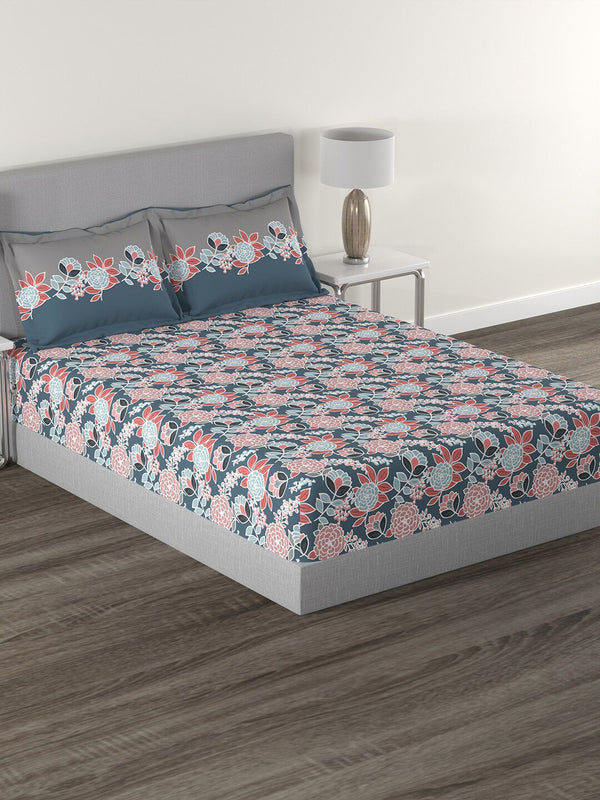 MYTRIDENT Blue  Green Floral Pure Cotton 144 TC Queen Bedsheet With 2 Pillow Covers