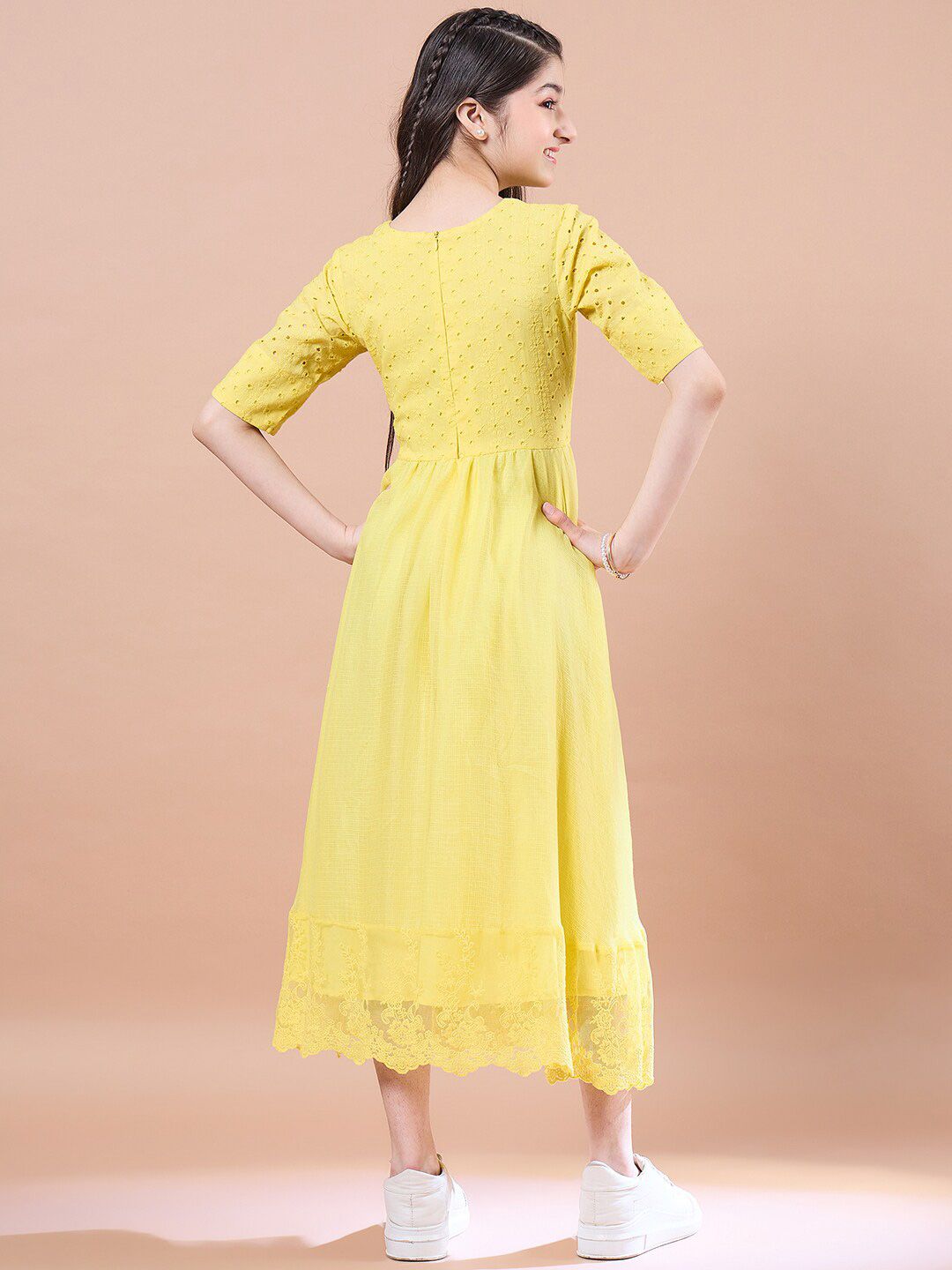 pspeaches Girls Cotton V-Neck Short Sleeves Fit & Flare Midi Dress