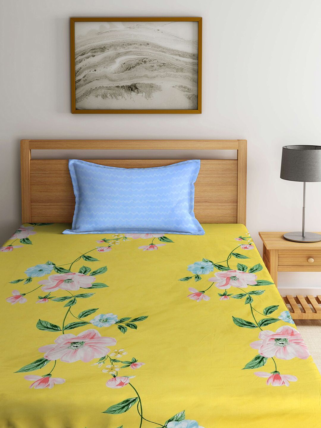 KLOTTHE Daisy Delight Yellow Floral Cotton 300 TC Single Fine Bedsheet with a Pillow Cover-89 x 59 inches