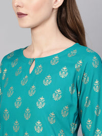 Gerua By Libas Women Blue  Golden Block Print Kurta with Palazzos
