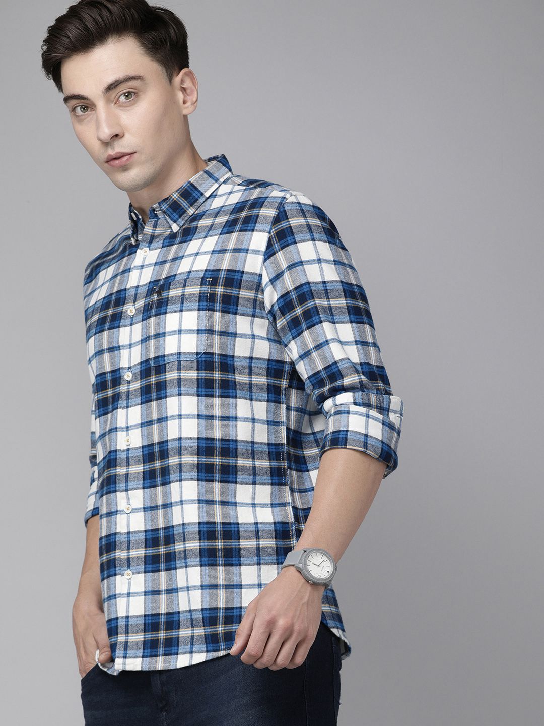 THE BEAR HOUSE Men Blue & White Slim Fit Tartan Checks Checked Pure Cotton Casual Shirt