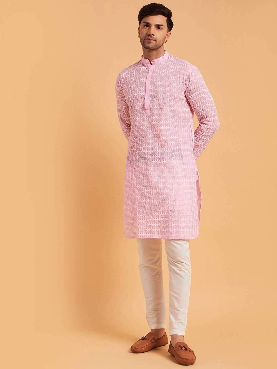 SOJANYA Mandarin Collar Ethnic Motifs Embroidered Thread Work Pure Cotton Kurta