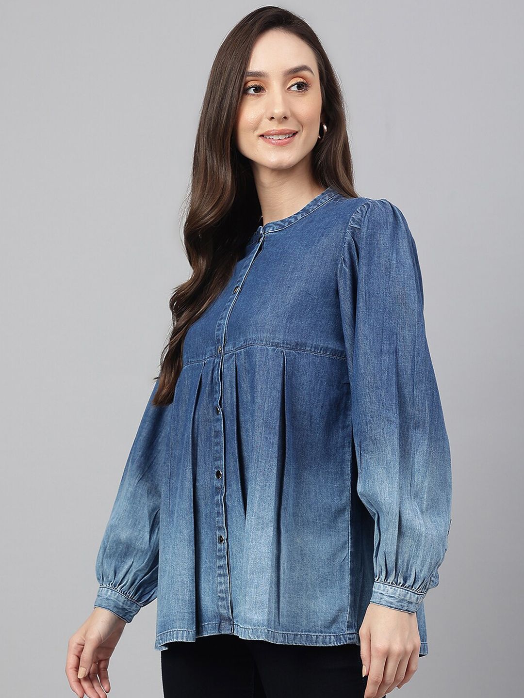 Janasya Women's Blue Denim Faded Flared Top