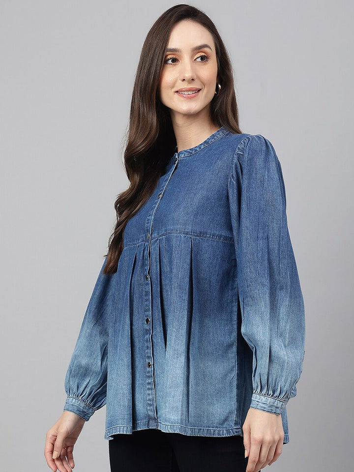 Janasya Women's Blue Denim Faded Flared Top