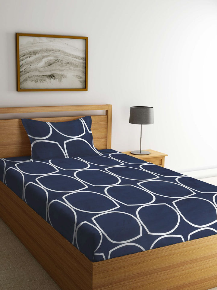 Myntra Elegant Homes Blue & White Geometric 300 TC Single Bedsheet with 1 Pillow Covers
