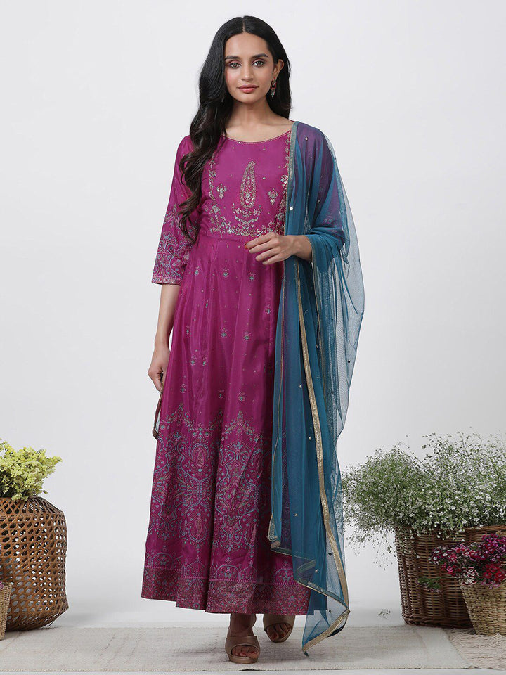 W Ethnic Motifs Printed Round Neck Maxi Ethnic Dress With Dupatta