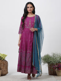 W Ethnic Motifs Printed Round Neck Maxi Ethnic Dress With Dupatta