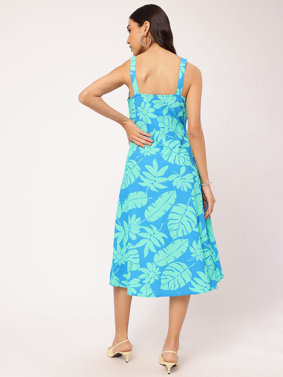 DressBerry Paradise Ready Tropical Printed Shoulder Straps Cut-Out Midi Dress