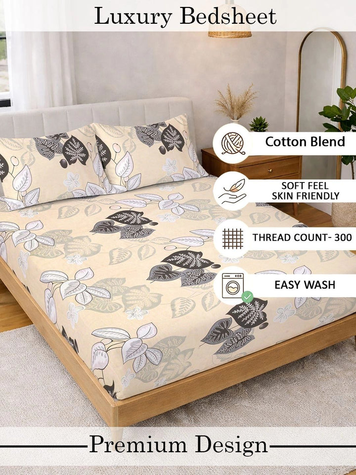 KLOTTHE Beige Floral  300 TC Super King Fine Bedsheets