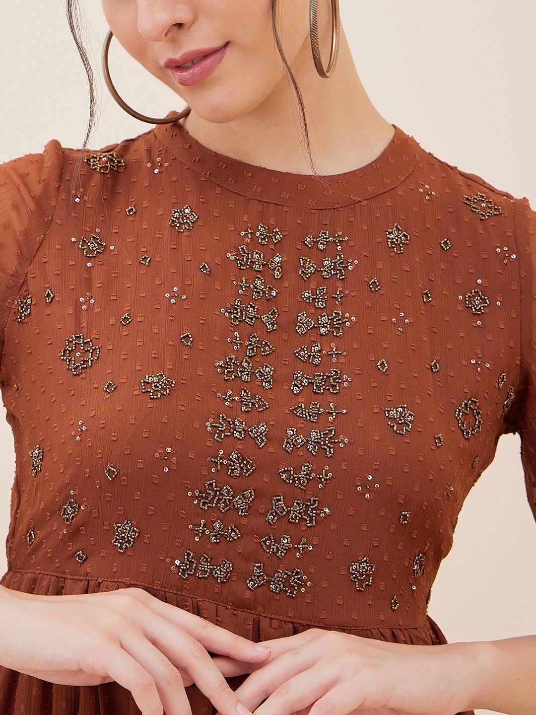 Antheaa Brown Dobby Woven Embellished Maxi Tiered Dress