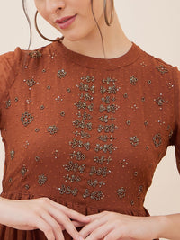 Antheaa Brown Dobby Woven Embellished Maxi Tiered Dress