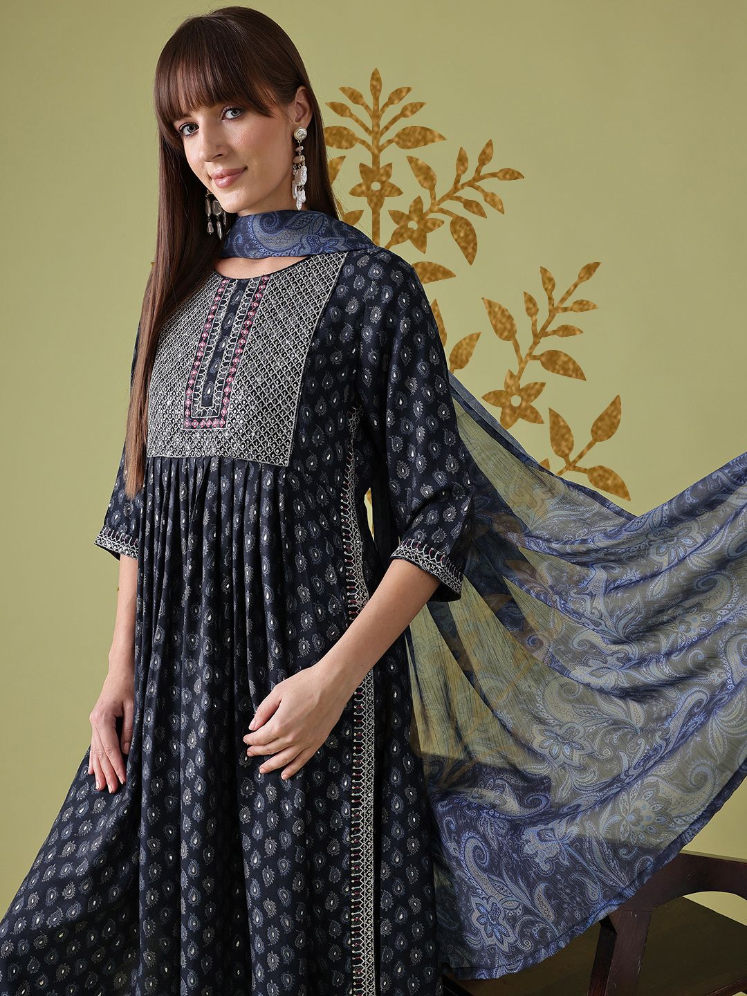 Anouk Paisley Print Thread Work & Sequinned Detail A-Line Kurta with Trousers & Dupatta