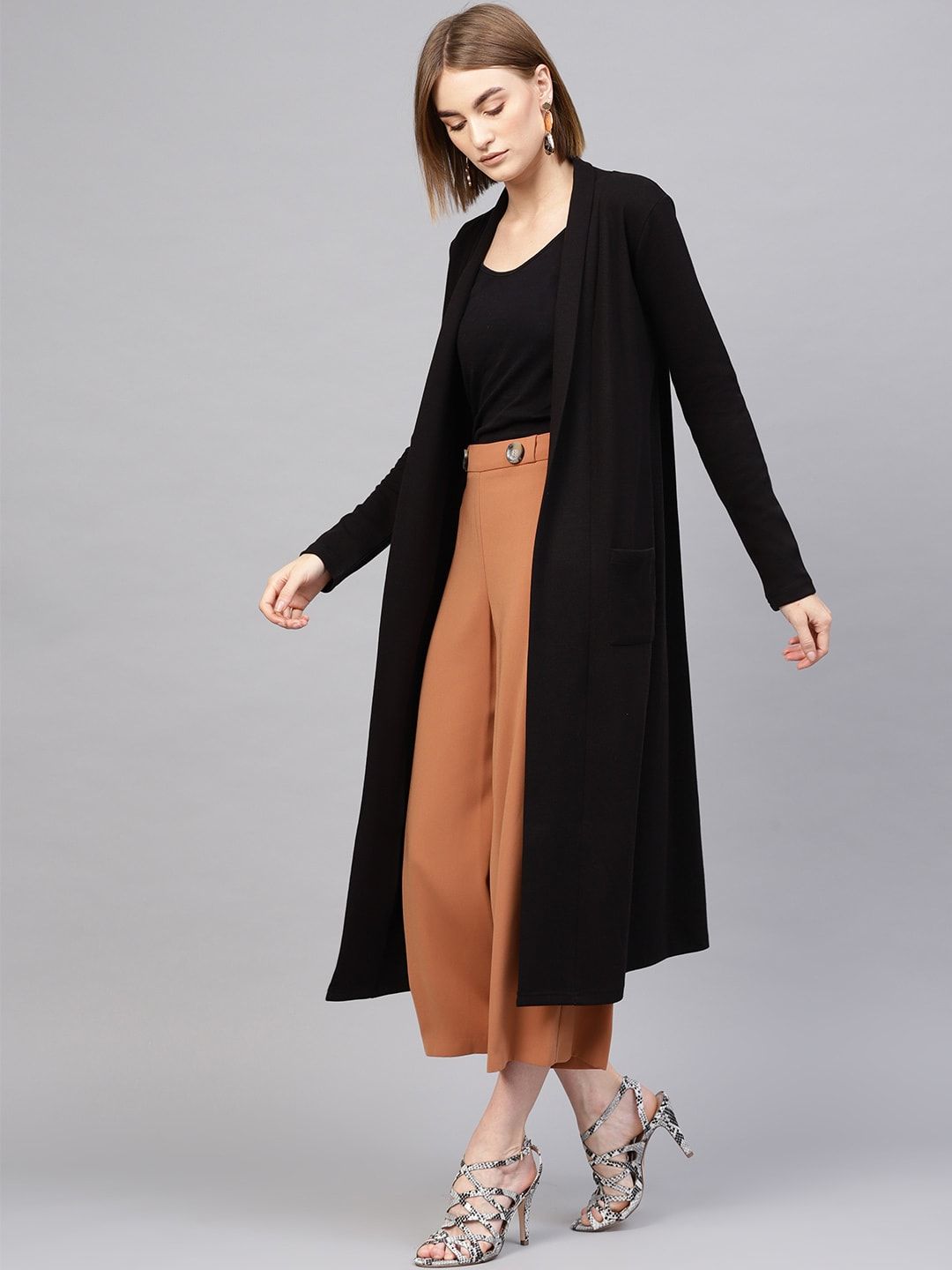 SASSAFRAS Women Black Ribbed Longline Open Front Shrug