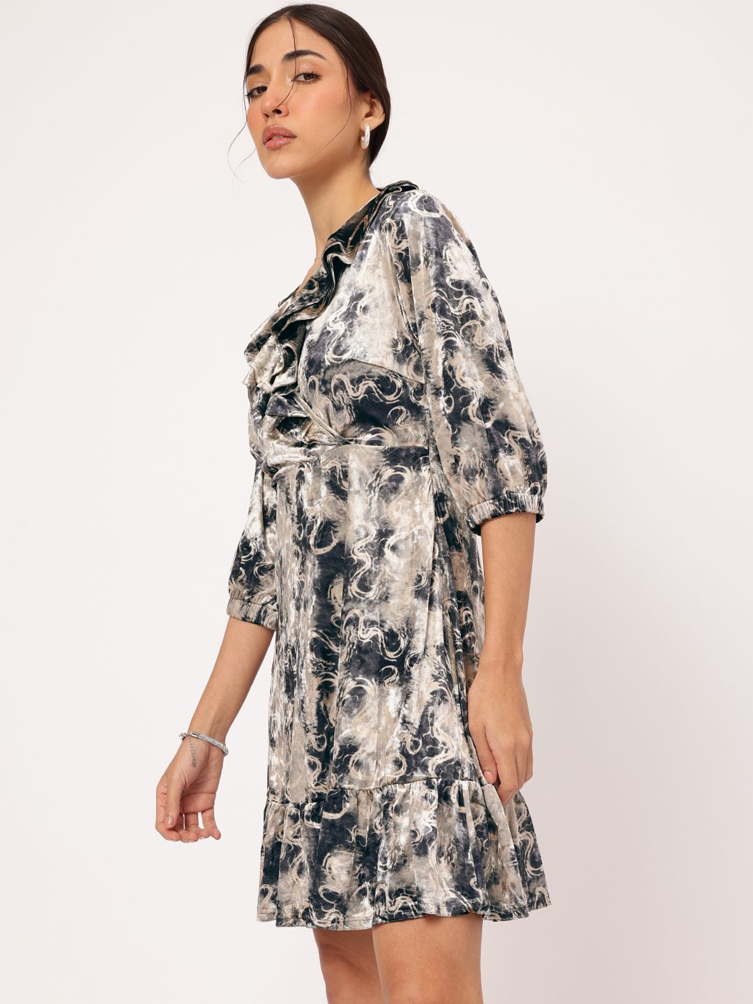 DressBerry Radiant Ruffles Abstract Print Velour A-Line Dress