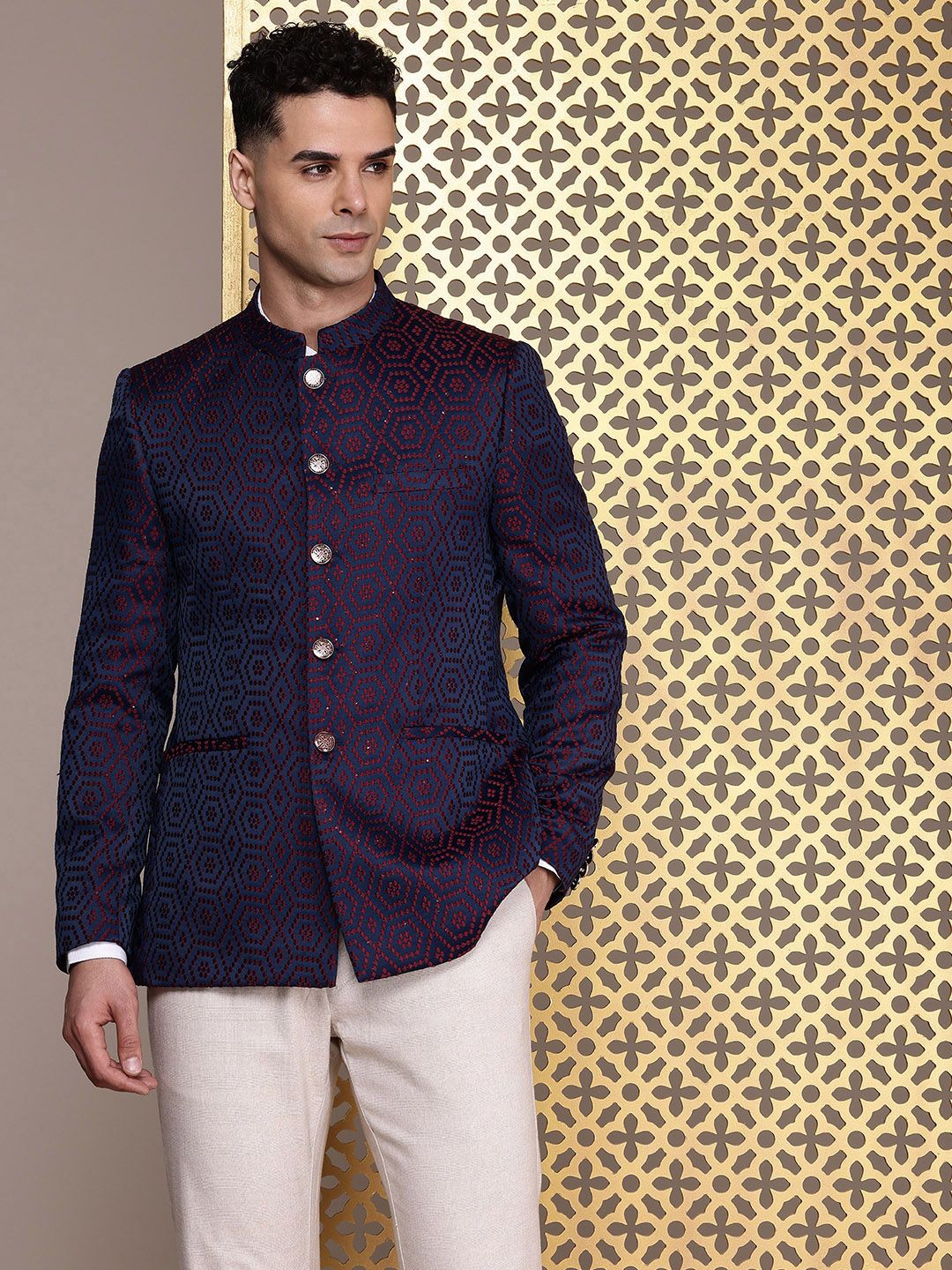 House of Pataudi Geometric Self Design Jashn Ethnic Mandarin Collar Blazer
