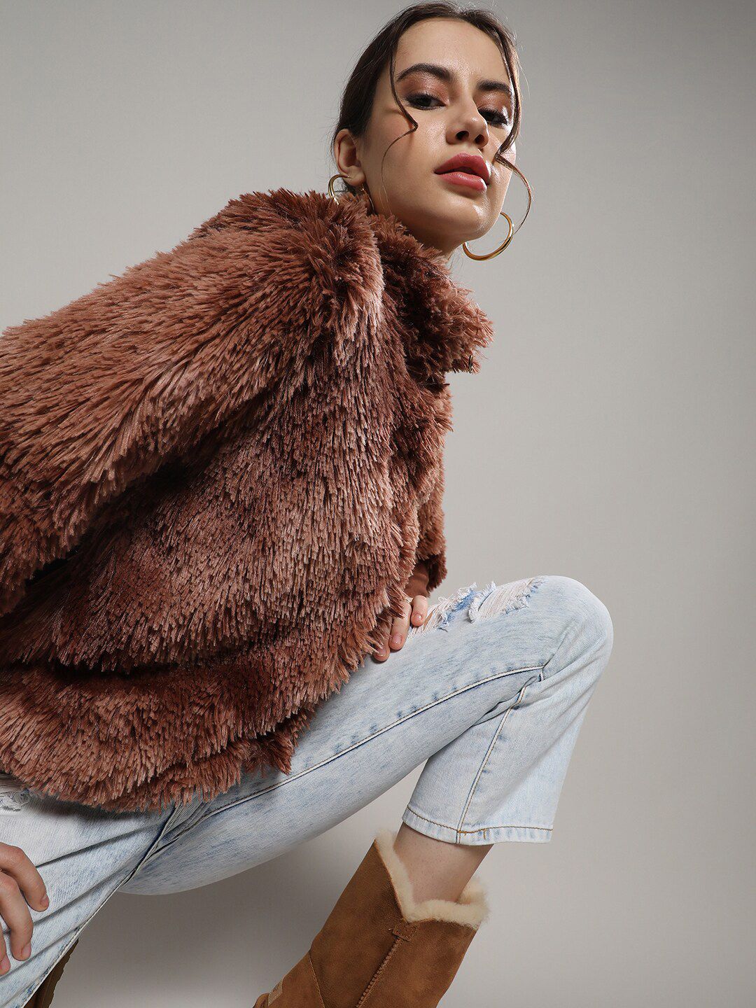 Campus Sutra Brown Mock Collar Windcheater Faux Fur Tailored Jacket
