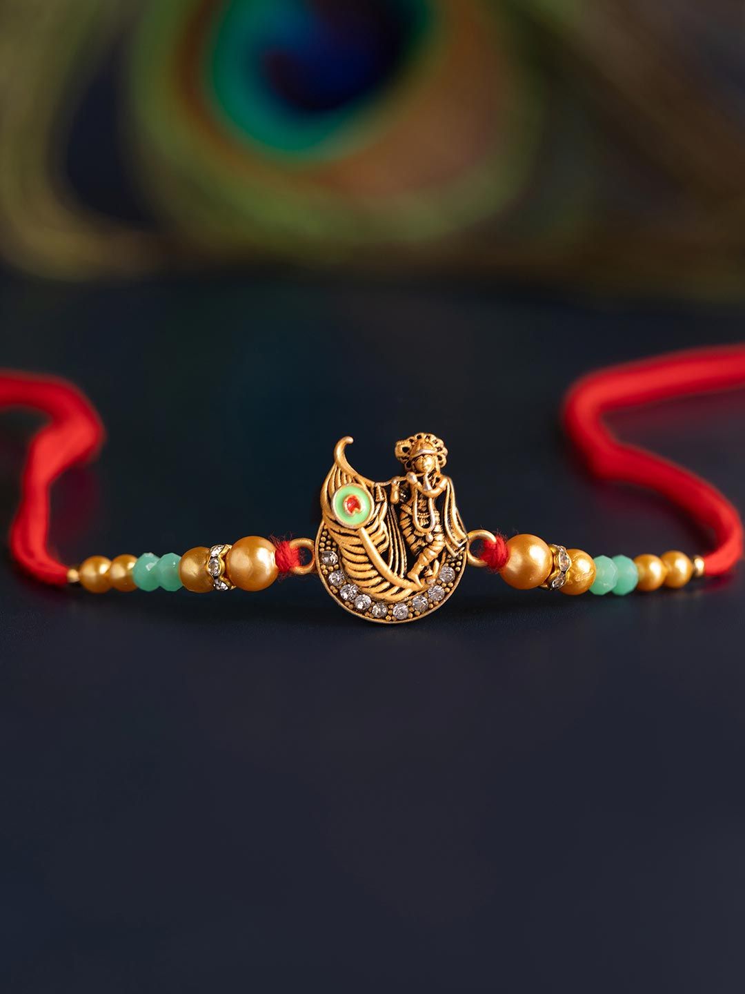 Voylla Blessings Of Krishna Mor Pankh Beaded Thread Rakhi With Roli Chawal