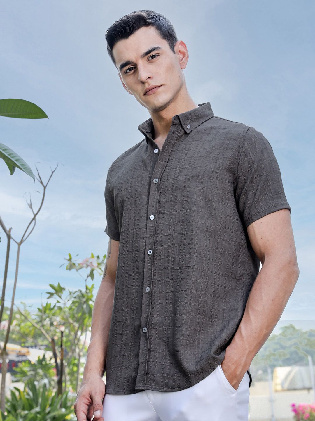 Thomas Scott Men Premium Regular Fit Button-Down Collar Textured Casual Shirt