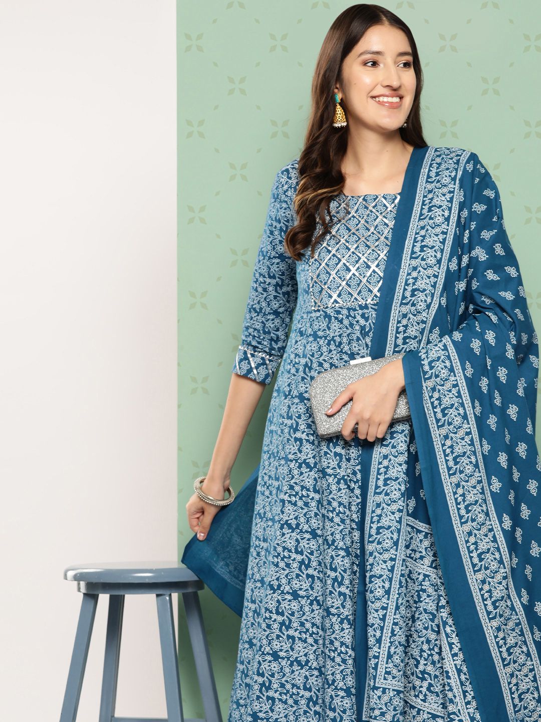 KALINI Women Ethnic Motifs Printed Empire Gotta Patti Kurta with Trousers & With Dupatta