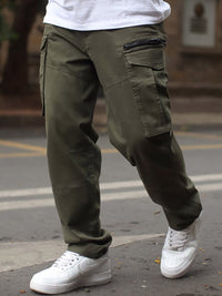 Powerlook Men Olive Green Clean Look Pure Cotton Cargo Jeans