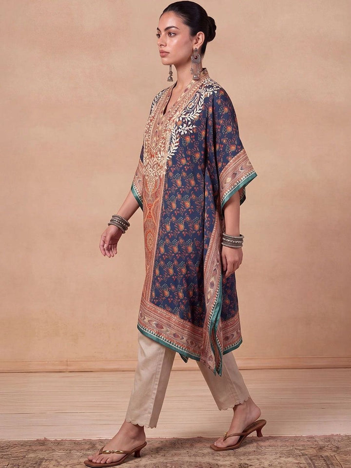 Rumah Wanita Chikankari Motif Etnik Cetakan Benang Kerja Crepe Kaftan Kurta