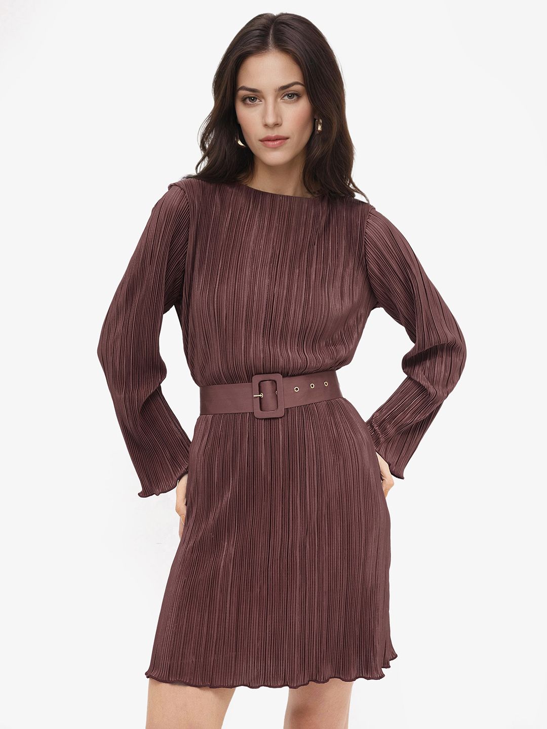 RAREISM Brown Self Design Long Sleeves A-Line Dress