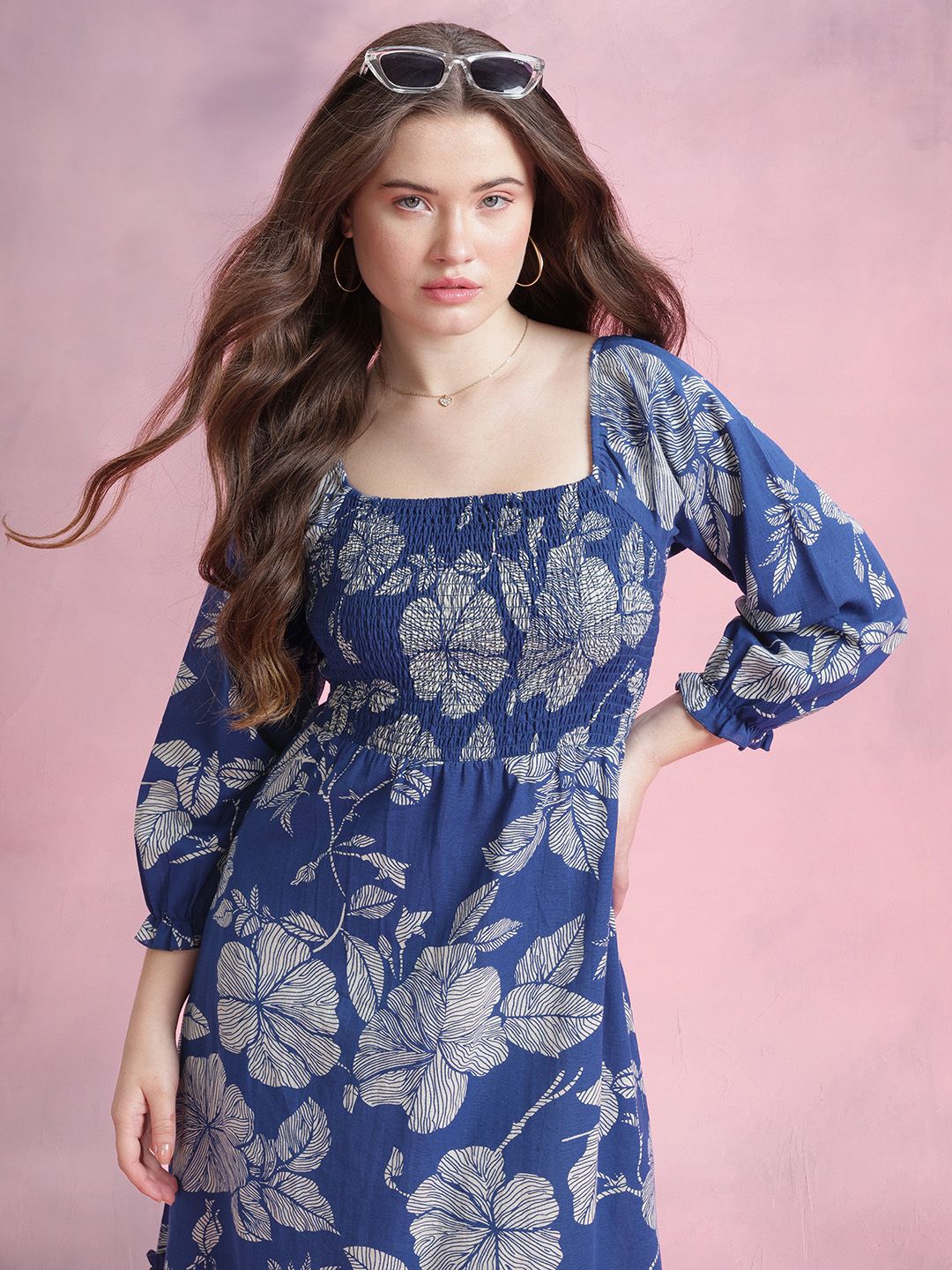 DressBerry Floral Print Gathered Detail Smocked Effect Cotton-Linen Midi A-Line Dress