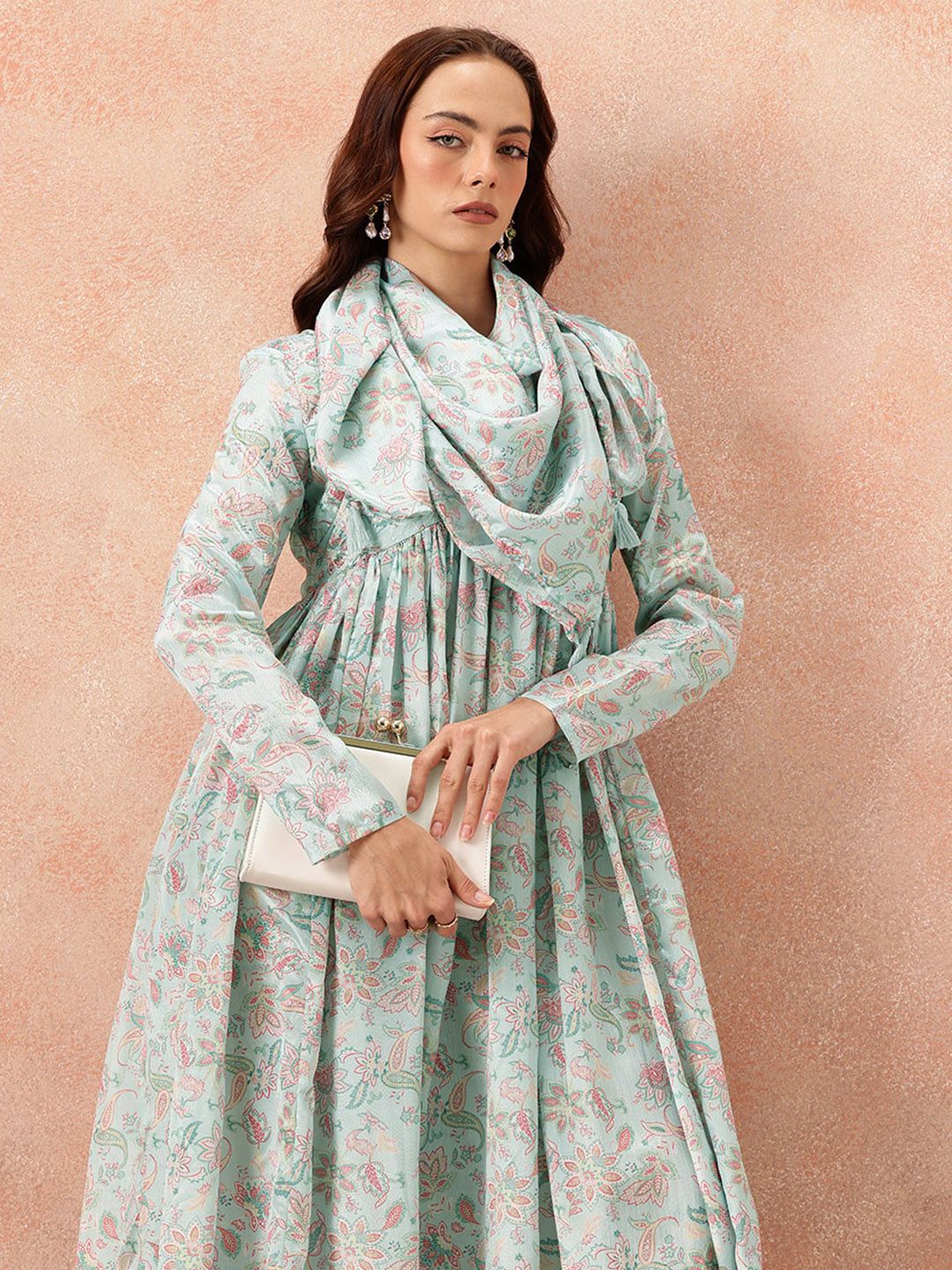 all about you Ethnic Motifs Printed Satin-Finish Festive Maxi Empire Dress with Scarf