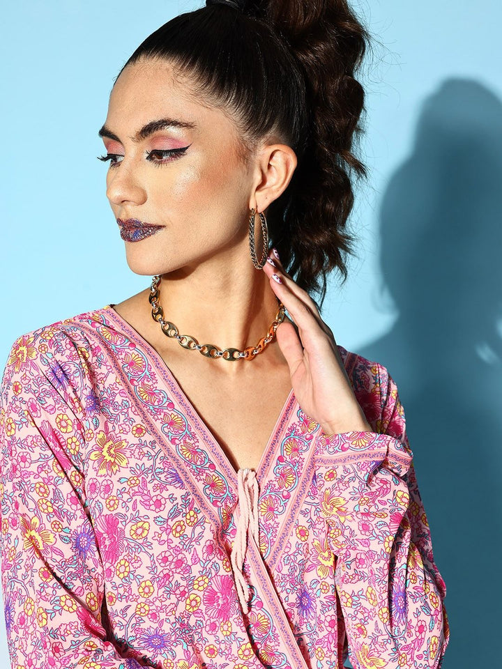 Berrylush Pretty Pink Floral Fluid Tie-Up Top