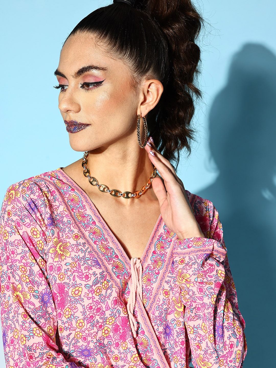 Berrylush Pretty Pink Floral Fluid Tie-Up Top